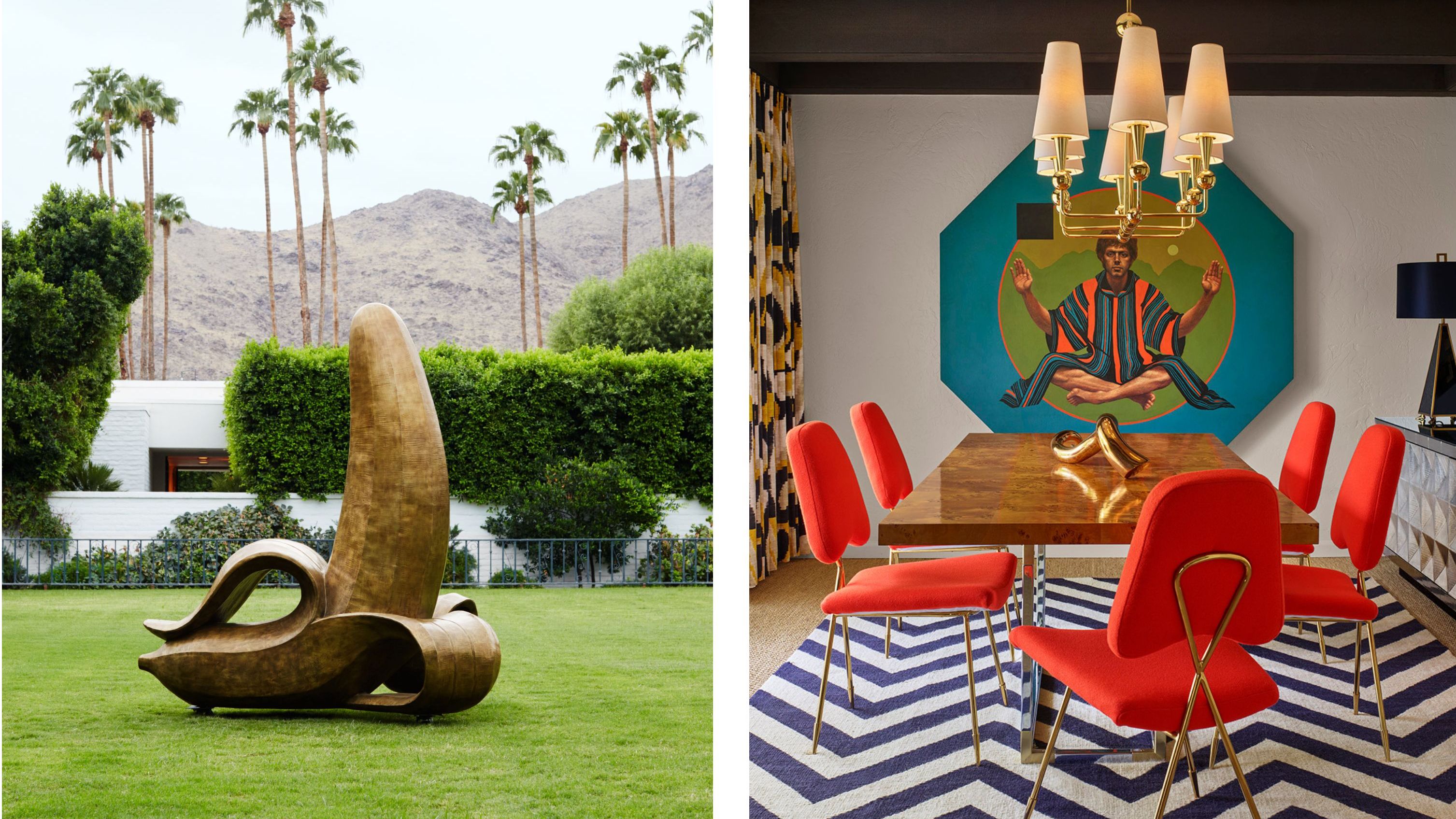 deux photos l'une à côté de l'autre. A gauche, la grosse banane dorée de Parker Palm Springs. À droite, des chaises orange sur un tapis bleu rayé