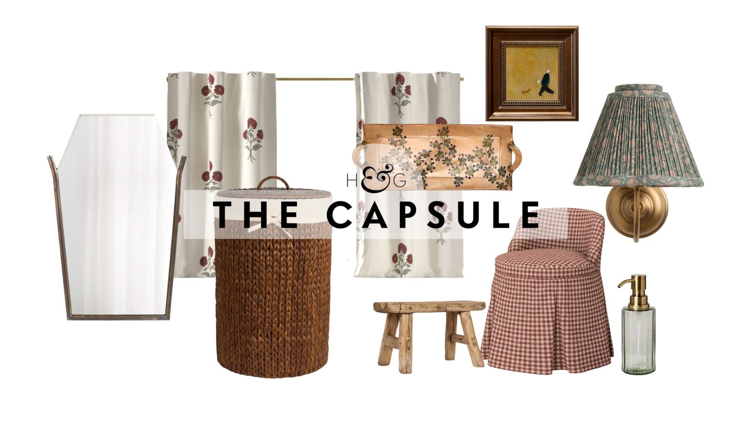 24 pièces de caractère qui transformeront votre salle de bain en la pièce la plus intéressante de la maison Bathroom decor that doesn't look like bathroom decor, including a characterful angled mirror, woven hamper, block printed cafe curtain duo, painted ceramic tray, vintage wooden stool, gingham skirted vanity chair, antique-inspired artwork, wall sconce with a pleated shade, and green glass soap pump