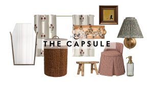 24 pièces de caractère qui transformeront votre salle de bain en la pièce la plus intéressante de la maison Bathroom decor that doesn't look like bathroom decor, including a characterful angled mirror, woven hamper, block printed cafe curtain duo, painted ceramic tray, vintage wooden stool, gingham skirted vanity chair, antique-inspired artwork, wall sconce with a pleated shade, and green glass soap pump
