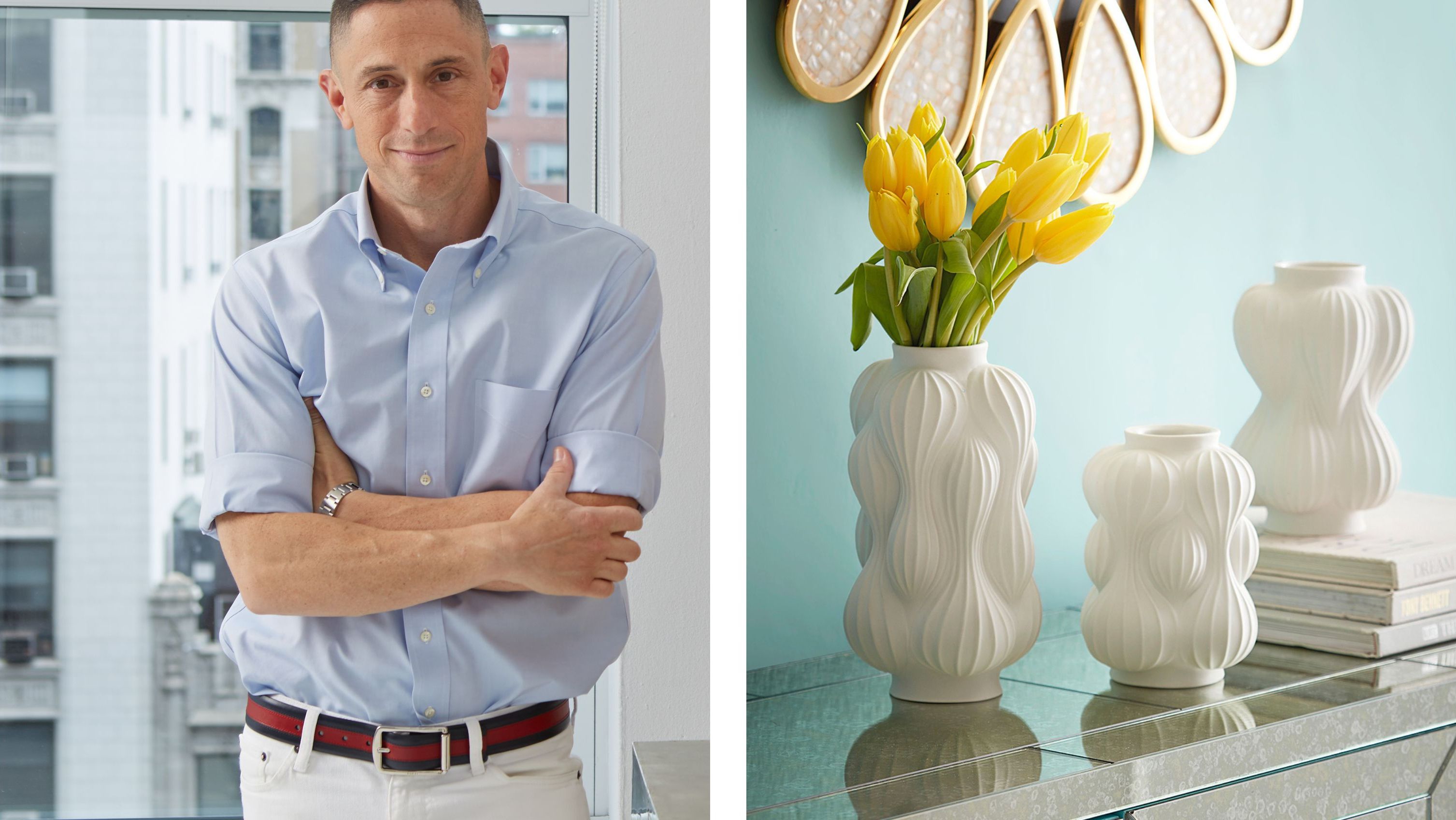 Deux photos côte à côte, l'une de Jonathan Adler debout et l'autre de trois de ses vases blancs