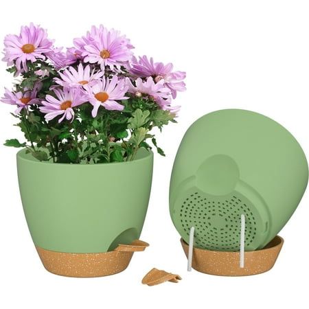 Fiason Lot de 2 pots de fleurs en plastique vert avec arrosage automatique marron de 20,3 cm pour intérieur et extérieur, pots de fleurs comprenant des trous de drainage et une soucoupe