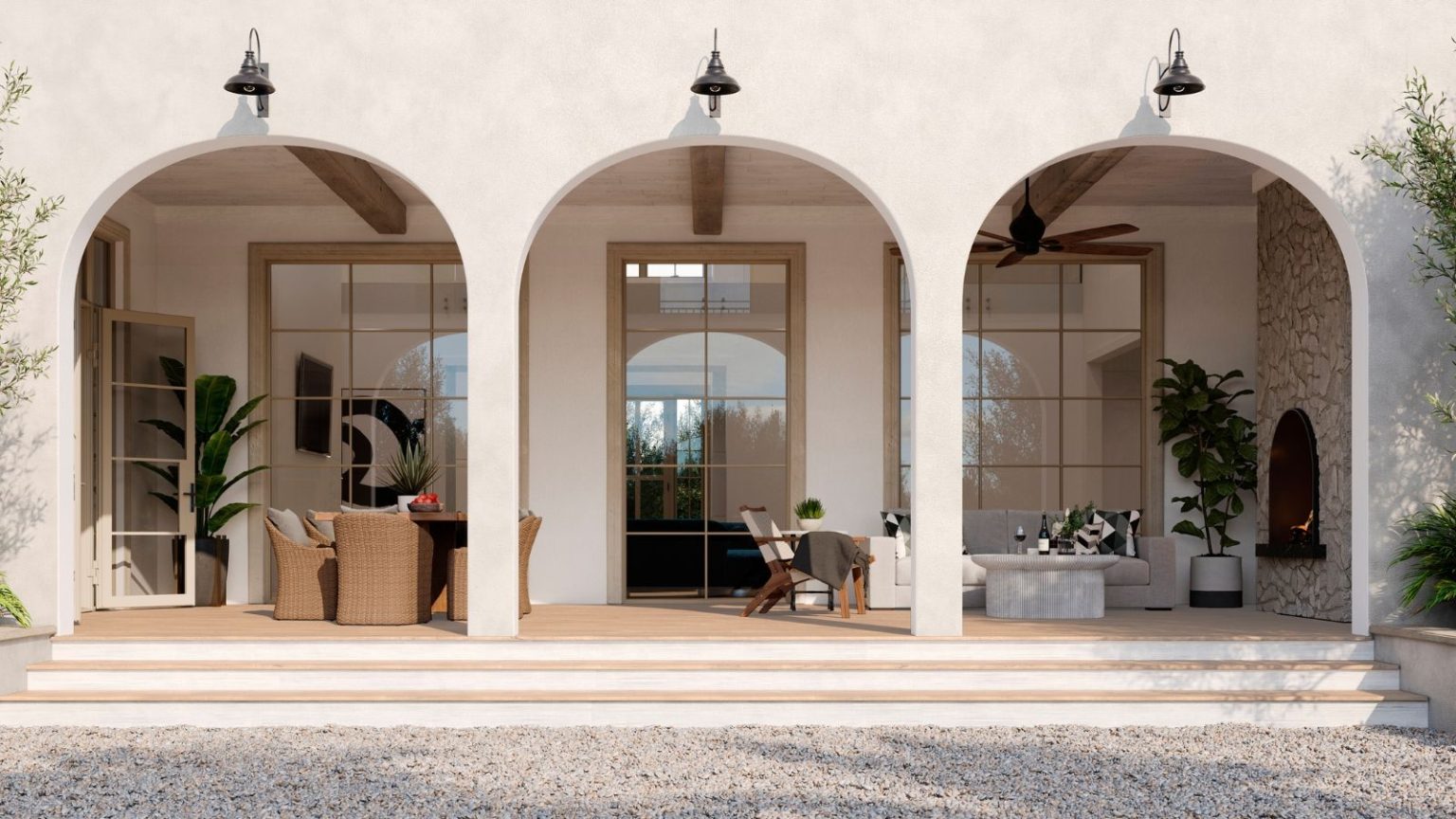 La sirène de cette sonnette vidéo Arlo 2K en fait notre meilleur choix de sécurité anti-intrusion, et elle n’est plus qu’un rare 49,99 $ Bright home exterior with three large archways, revealing windows and outdoor porch with rattan furniture and tall plants.