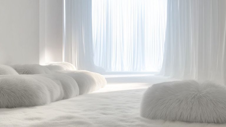 Pantone Color of the Year Cloud Dancer in an ethereal bedding with net drapes and white fur pouffes