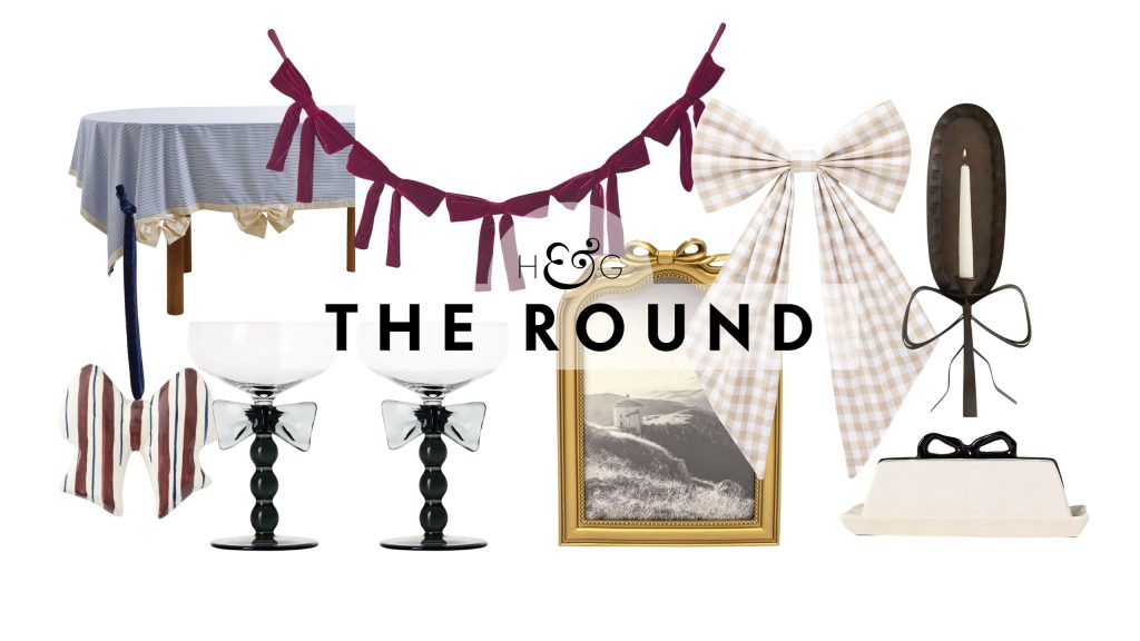 Bow decor pictured on a white background, including a striped ceramic ornament, striped tablecloth, set of cocktail coupes, garland, a gingham Christmas wreath accessory, butter dish, and candle sconce.