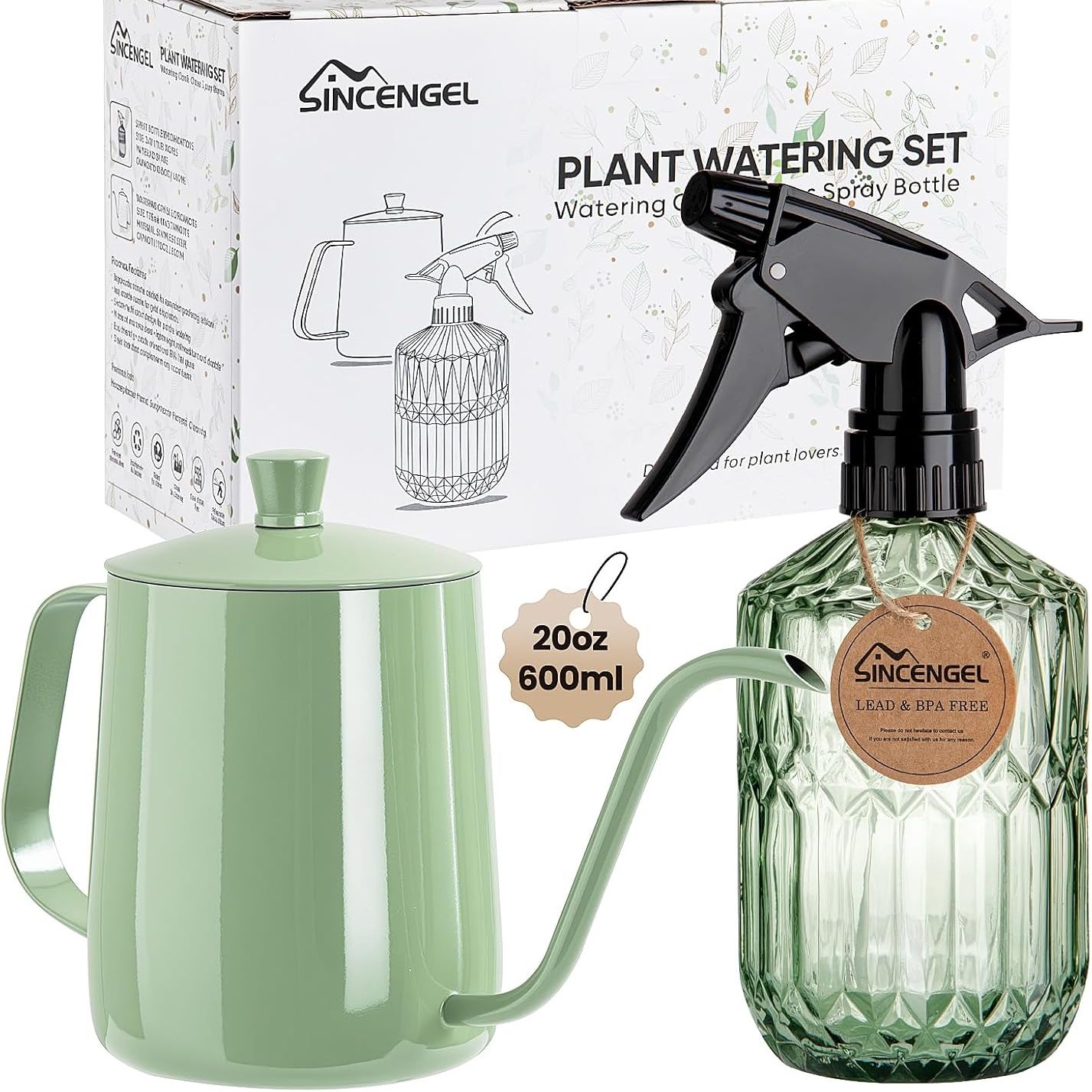 Sincengel Arrosoir pour plantes d'intérieur, petit arrosoir en métal de 20 oz avec long bec pour plantes d'intérieur, flacon pulvérisateur en verre de 13,5 oz pour bonsaï, fleurs de jardin décoratives (vert)
