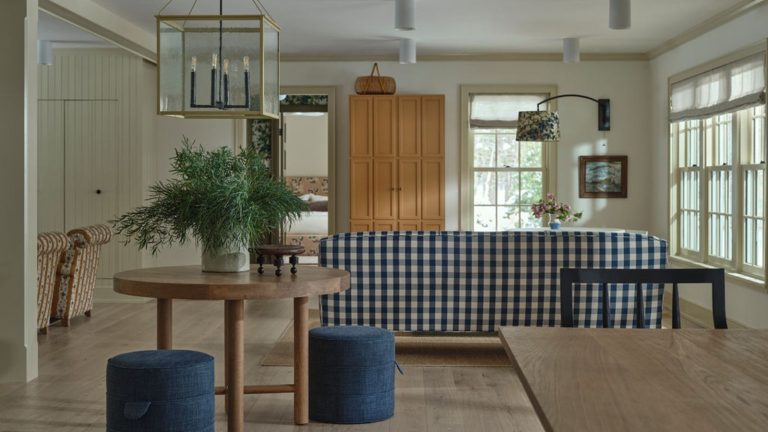 Comment le dossier d’un canapé est devenu un élément déterminant dans cette pièce ouverte et a créé un espace de restauration confortable An open plan living and dining area with a blue and white checkered sofa