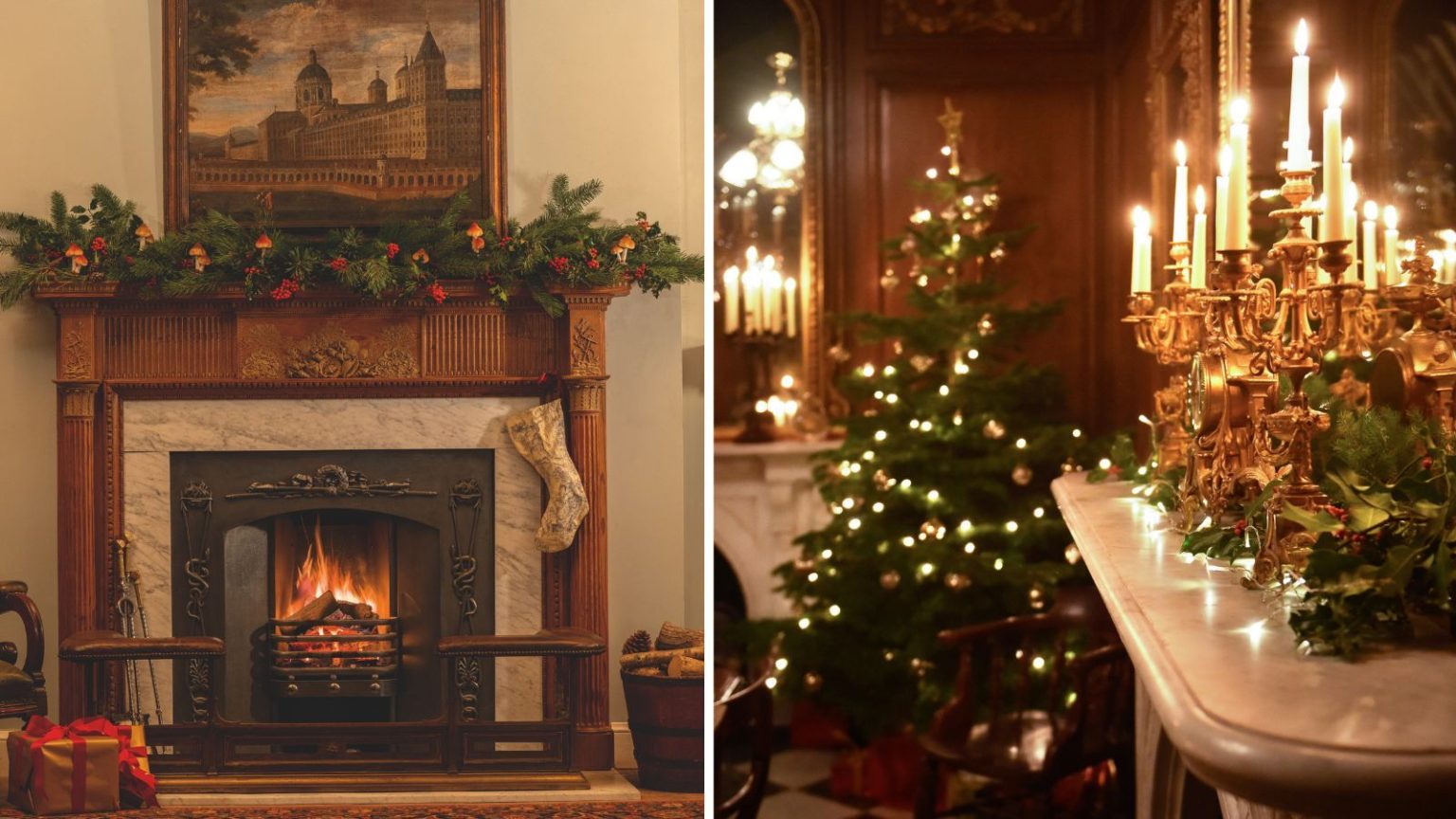 Des trésors antiques intemporels pour insuffler de la chaleur et du caractère à votre maison ce Noël Christmas fireplace with garland and stockings and a mantel with candelabras and christmas tree