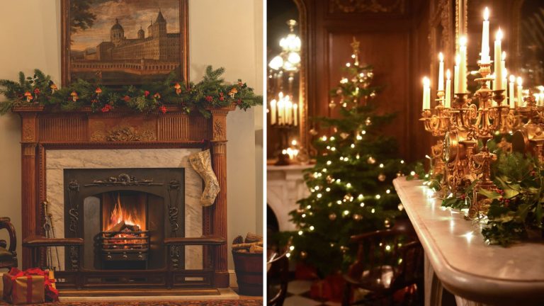 Des trésors antiques intemporels pour insuffler de la chaleur et du caractère à votre maison ce Noël Christmas fireplace with garland and stockings and a mantel with candelabras and christmas tree