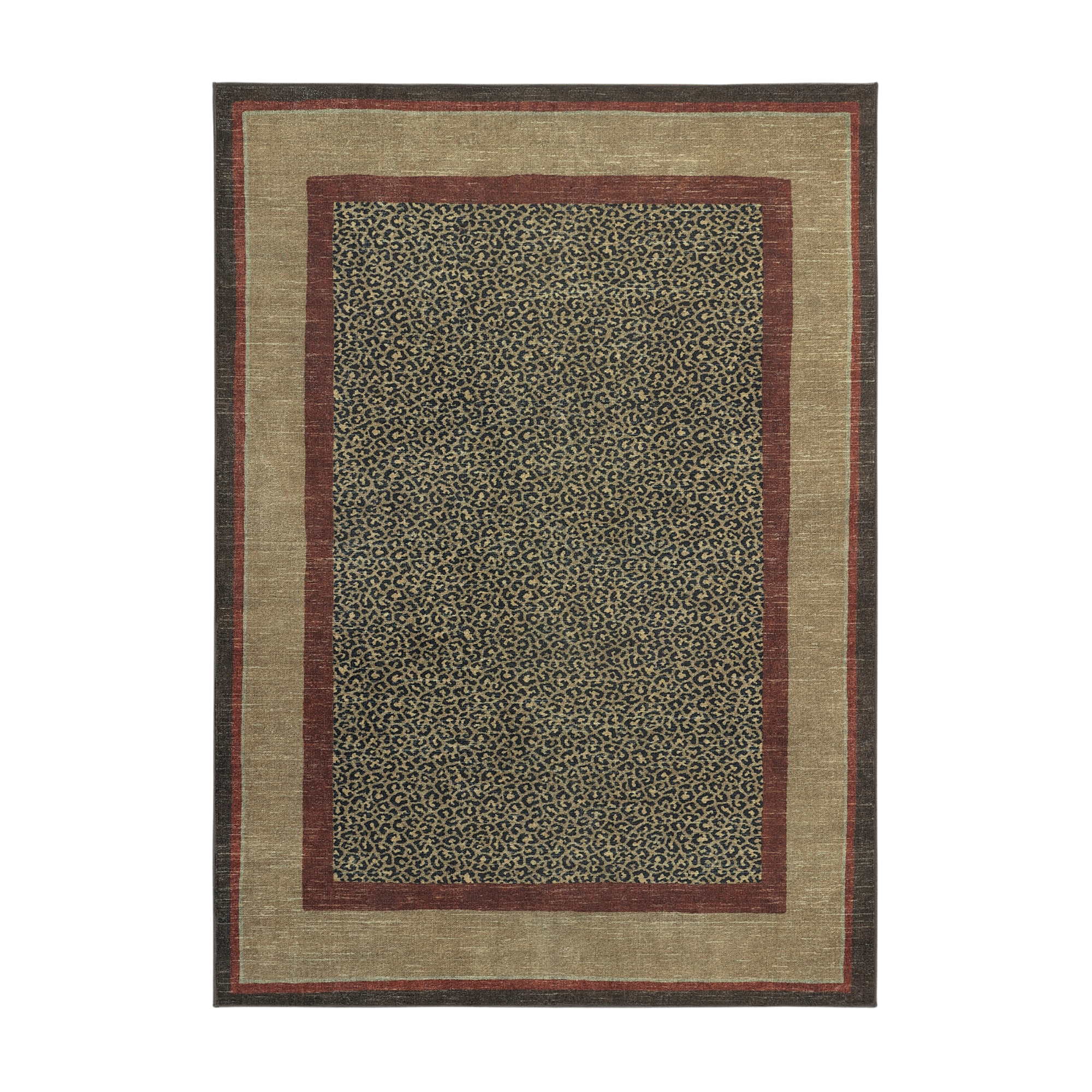 un tapis à imprimé guépard avec une douce bordure dorée et rouge