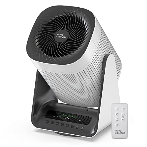 Coway Purificateur d'air pour chambre à coucher, 2 en 1 avec ventilateur, filtre à particules pour fumée, allergies, squames d'animaux, odeurs, moniteur de qualité de l'air, mode automatique, télécommande, minuterie, garantie de 3 ans, Aim, blanc