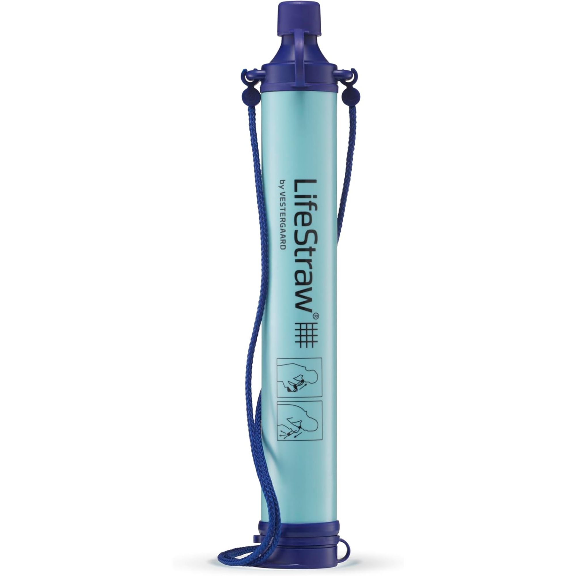 LifeStraw bleu clair avec détails et cordes bleu foncé.