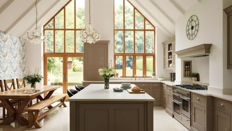 A large open-plan kitchen diner with large floor to ceiling windows, up to a pitched ceiling. Brown kitchen cabinets with an island, and a long wooden dining table to the left.