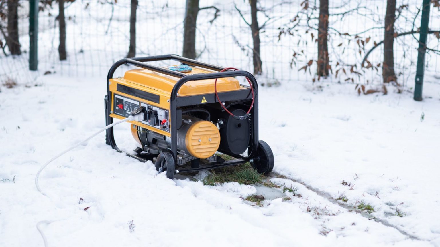Comment raccorder un générateur à votre maison en toute sécurité – Conseils simples d’un maître électricien pour protéger votre maison des pannes Black and yellow backup generator in a snowy yard. There are trees in the background and metal mesh fence in view.