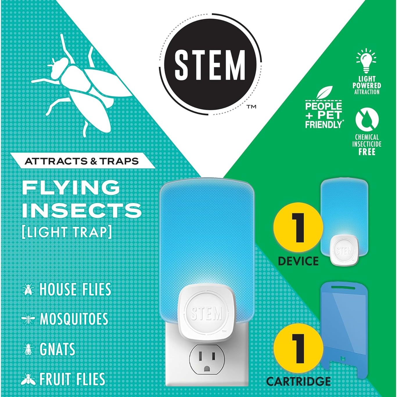 Piège à insectes tiges - Mouche des fruits d'intérieur et amp;amp; Lutte antiparasitaire contre les moucherons pour la maison, la maison et la cuisine, attire et amp; Piège les insectes volants, lumière bleue douce – Comprend 1 appareil enfichable et 1 appareil enfichable. 3 cartouches