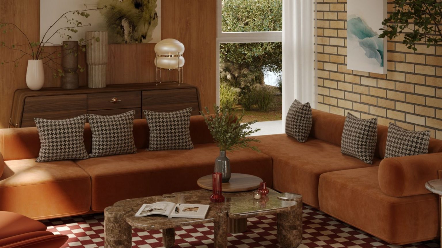 Oubliez le ménage de printemps, je prédis que désencombrer vos blues hivernaux sera la prochaine grande tendance pour rationaliser en toute simplicité Brick and wood living room with warm orange, brown and white theme. There is a brown and white large area checkered rug and brown and cream checkered throw pillows on orange sofas, plus, mid century wooden sideboard, and a rounded marble table
