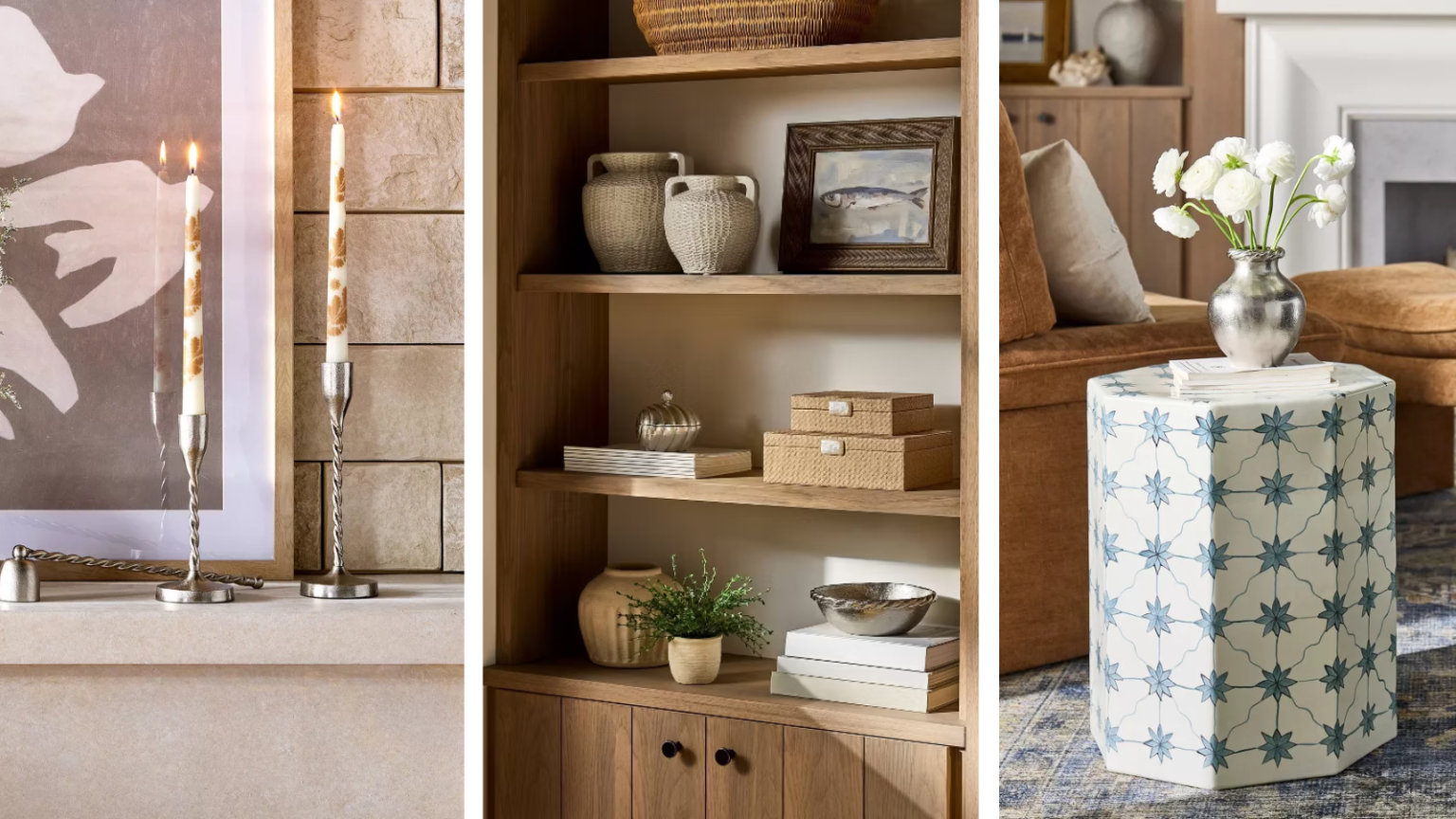 Shea McGee a déclaré l’argent comme la finition la plus tendance pour 2026 – Voici comment elle introduit ce métal aux tons froids dans ses espaces rustiques a set of three images. The first is a mantel styled with two silver candle holders and a candle snuffer. The middle is a shelf styled with various decor features and some silver accents. The last image is a blue and white side table with a silver vase on top with flowers in it