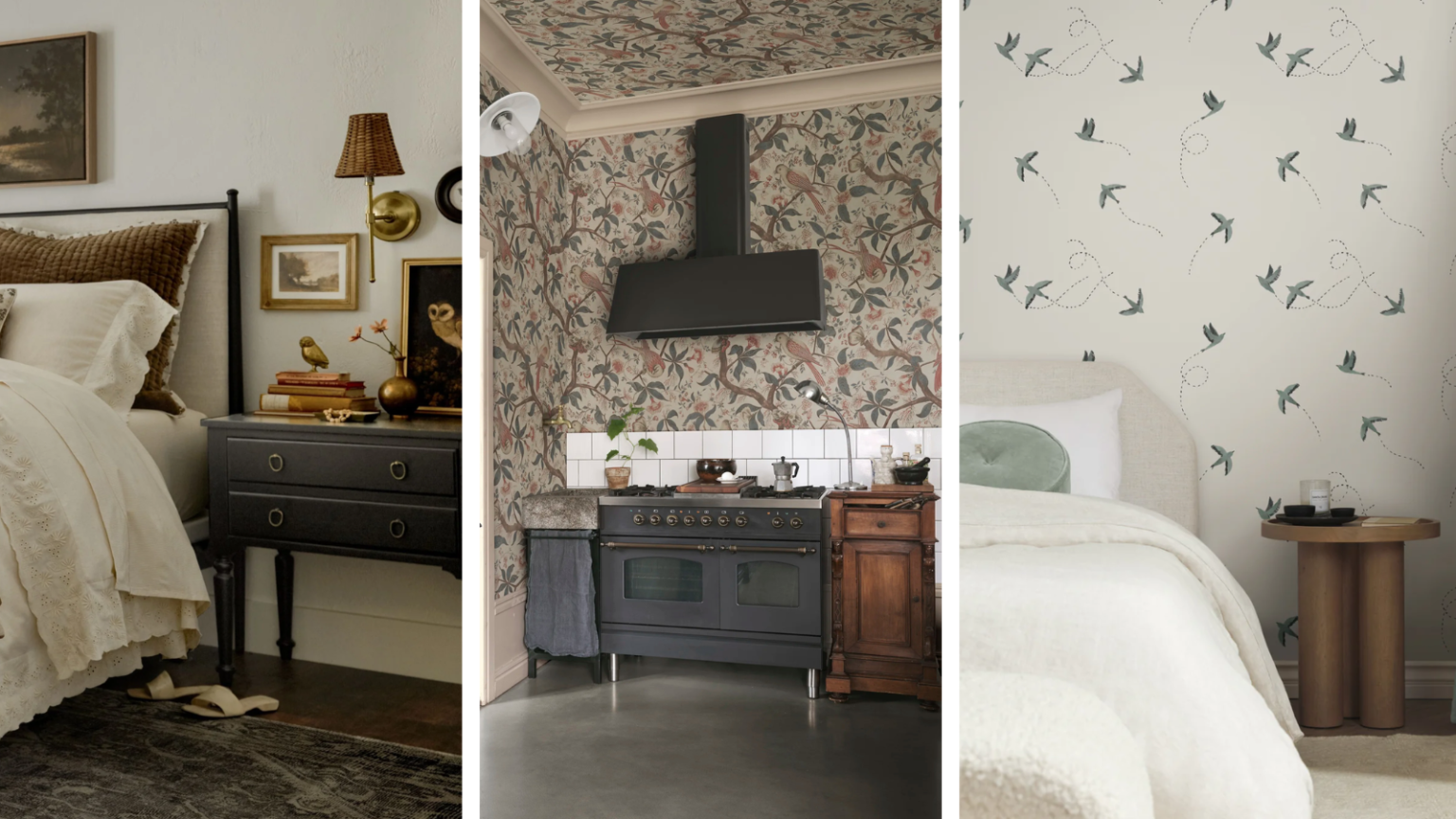 Oubliez les fleurs, je vois soudain des motifs d’oiseaux dans chaque nouvelle collection printanière – Voici comment introduire cette tendance fantaisiste dans votre maison a set of three interiors. The first is a rustic bedroom with a nightstand decorated with charming decor details including books, flowers, and bird objects. The second is a kitchen with bird and floral wallpaper on the walls and ceiling. The third is a bedroom with flying bird wallpaper, a small side table, and a white bed