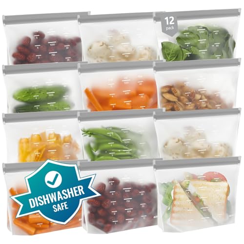 Sacs de rangement réutilisables lavables au lave-vaisselle - Sacs à sandwich réutilisables sans BPA - Sacs de congélation étanches en gallons, sacs de conservation des aliments en silicone - Gris 12 sacs à sandwich