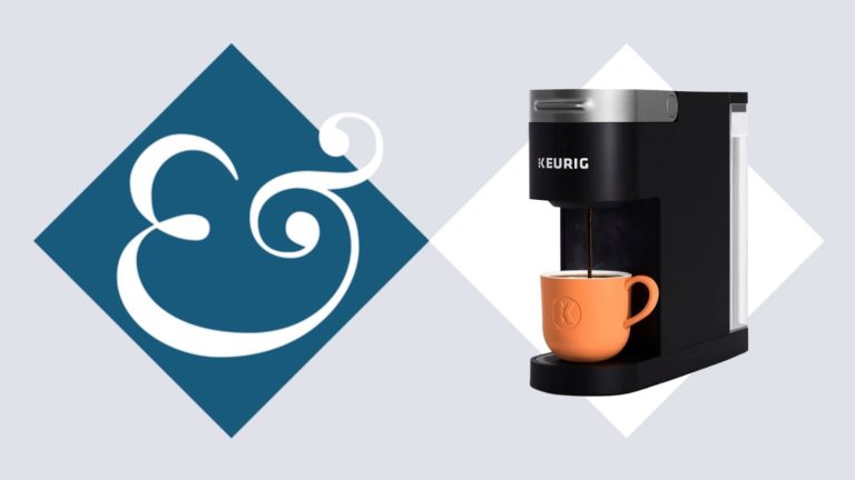 Cette cafetière Keurig compacte est parfaite pour les comptoirs exigus et bénéficie maintenant de 40 $ de réduction A black keurig K-slim coffee maker in a white diamond, next to a dark blue diamond with a & sign inside.