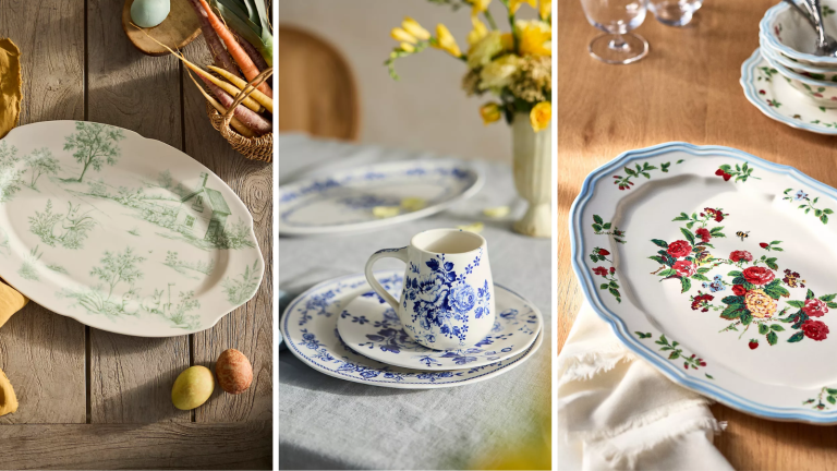 Je n’aurais jamais pensé que la vaisselle de ma grand-mère serait à la mode, mais maintenant c’est exactement ce que je veux pour ma cuisine – et la nouvelle collection d’Anthropologie propose les styles les plus chics a set of three images with vintage-inspired tableware in each photo