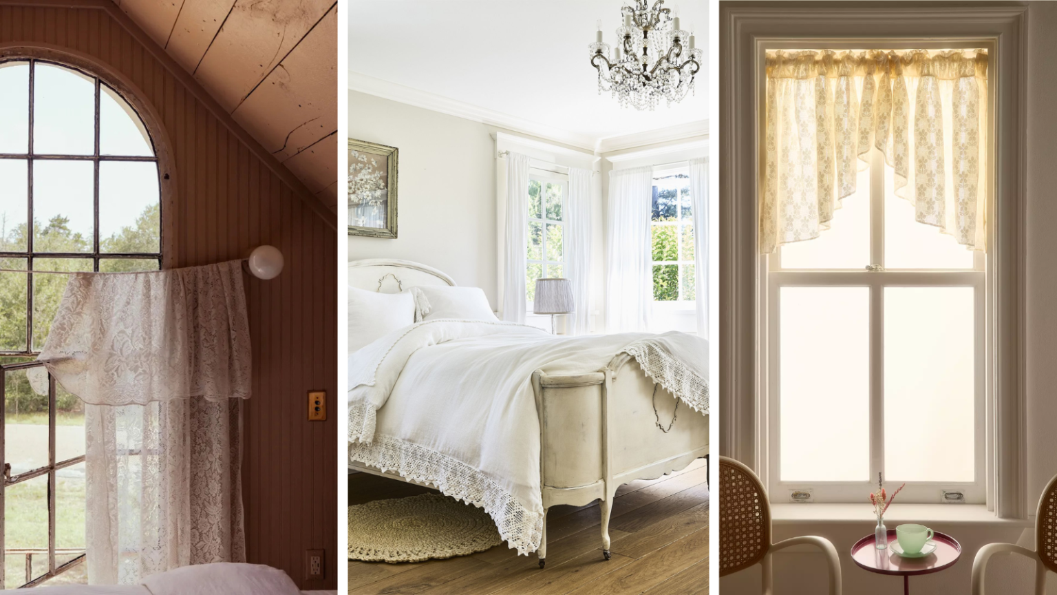 Les rideaux en dentelle de votre grand-mère sont de retour – Voici comment les créateurs rendent ce détail délicat autrefois démodé et chic pour 2026 three images of lace decor in interiors