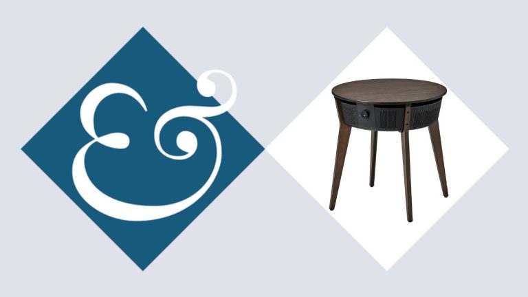 La table d’appoint minimaliste et astucieuse d’IKEA purifie l’air tout en s’intégrant parfaitement à l’intérieur – elle ne ressemble à rien de ce que vous avez vu auparavant IKEA air purifying table on blue and white diamond Homes & Gardens template with ampersand logo