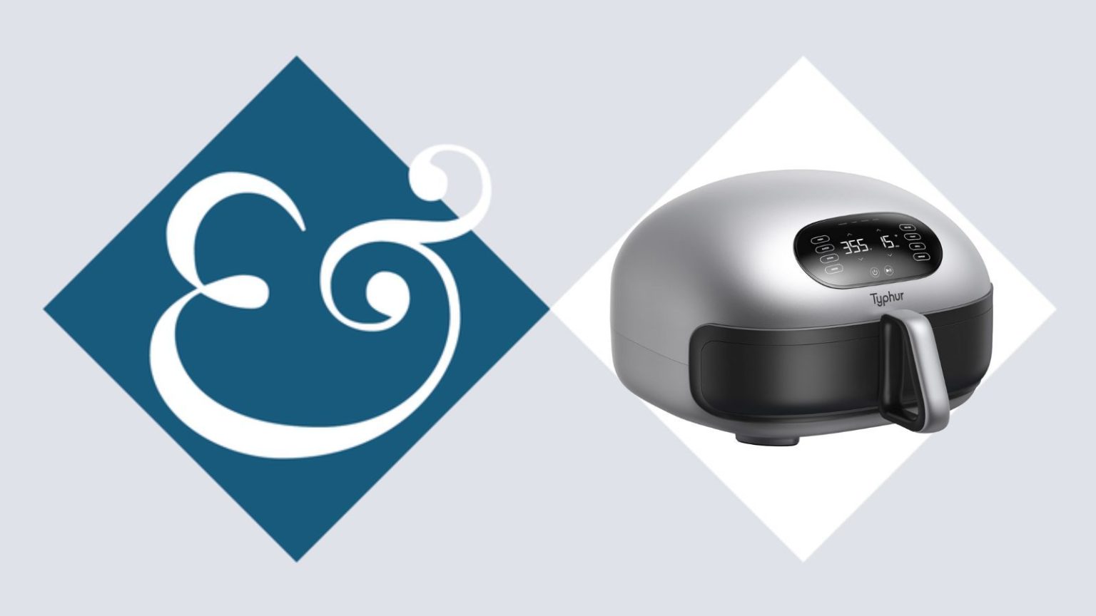 A Typhur dome air fryer in a white diamond, next to a blue diamond with a &amp; sign in it.