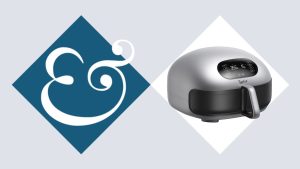 A Typhur dome air fryer in a white diamond, next to a blue diamond with a &amp; sign in it.