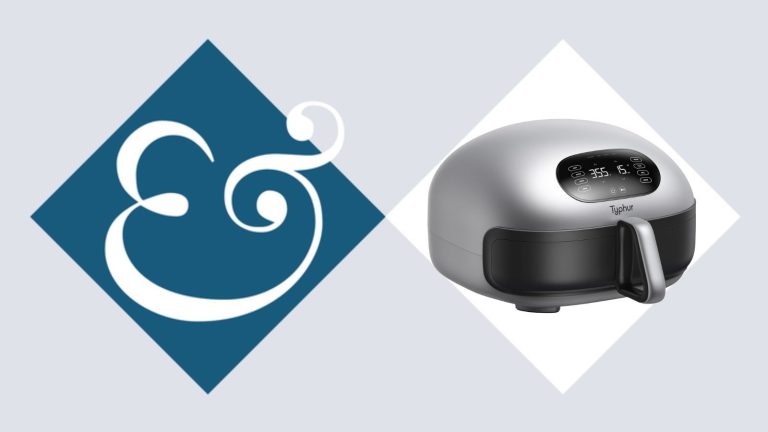 A Typhur dome air fryer in a white diamond, next to a blue diamond with a &amp; sign in it.
