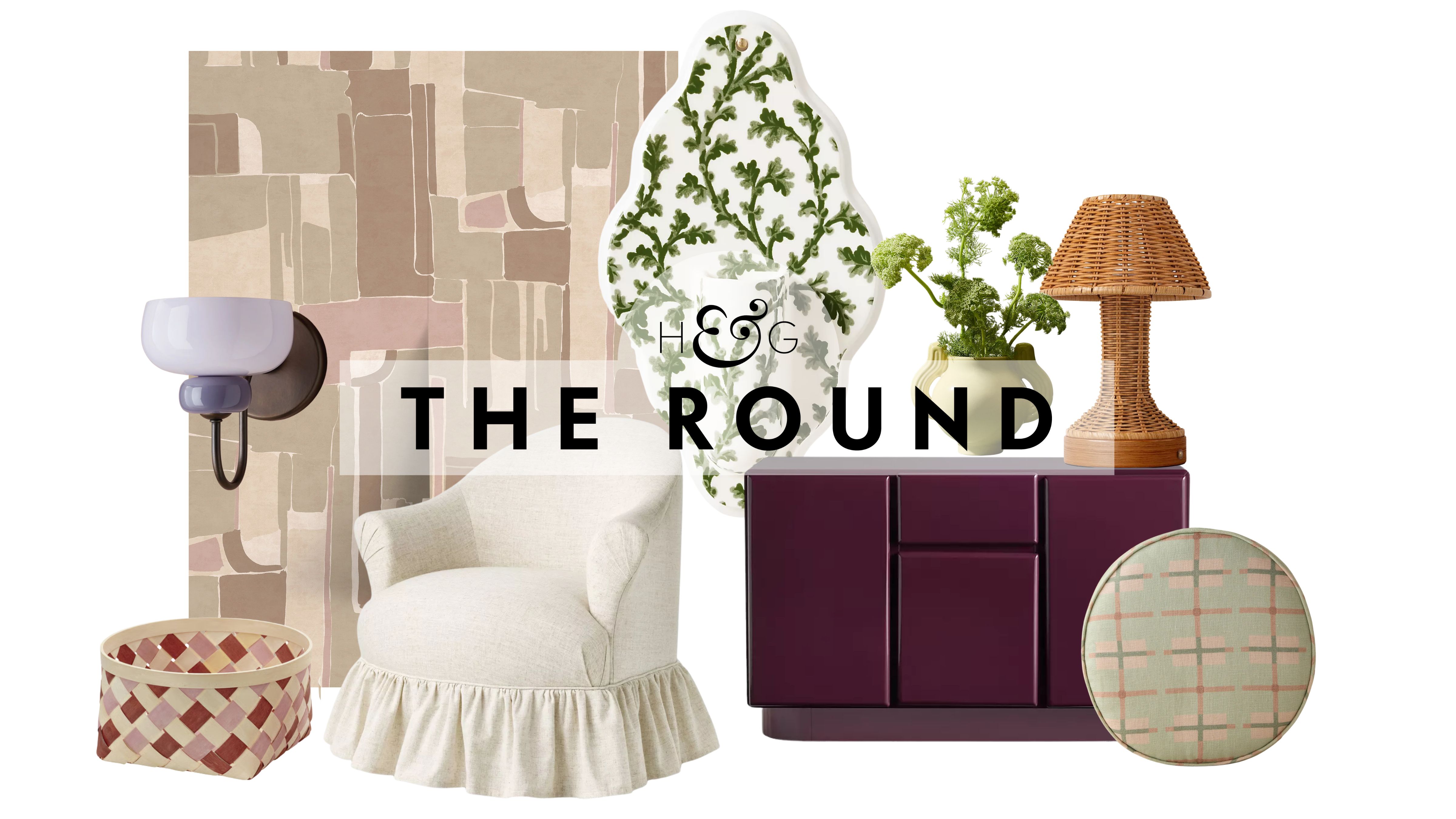 Collage d'articles de décoration du printemps 2026, notamment un panier tressé, une applique murale, une peinture murale, une chaise d'appoint à jupe, un vase mural en céramique, un buffet en laque de baies, un vase jaune, une lampe de table tissée et un oreiller rond à motifs géométriques, photographiés sur fond blanc.