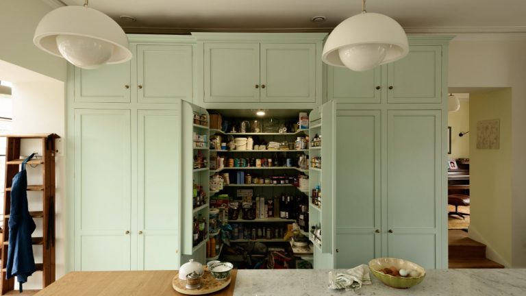 Sage Green Is So 2025 – Cette année, les créateurs se tournent plutôt vers cette teinte apaisante et sophistiquée a mint green pantry cupboard open in a wood and white themed kitchen