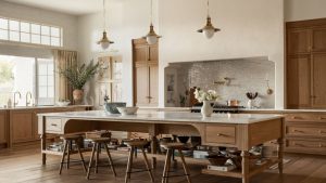 À l’intérieur d’une cuisine « La côte Est rencontre l’inspiration anglaise » du Studio McGee qui prouve que si vous équilibrez bien les proportions, vous n’avez pas besoin de suivre d’autres règles de conception A large kitchen with white oak cabinets, marble countertops, and brass hardware