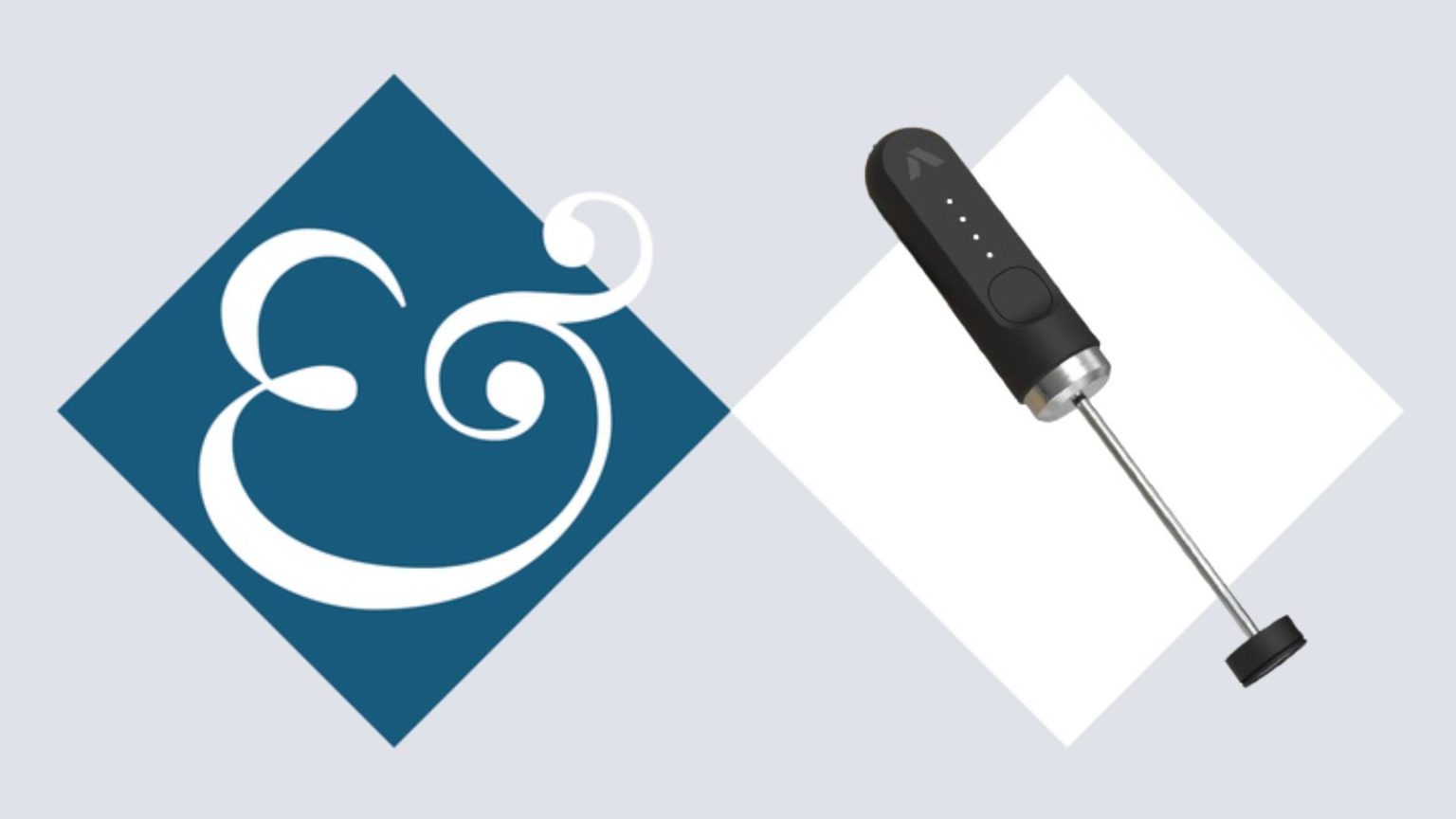 A black handheld milk foamer against a white diamond. A dark blue diamond beside it with a white &amp; sign inside it.
