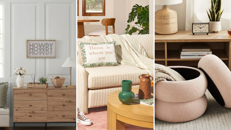 J’adore la décoration printanière et Walmart propose certains des meilleurs styles que j’ai vus – Achetez 24 choix fantaisistes de la dernière version de la marque three images: the first is a cabinet with decor on top and a picture frame hanging on the wall, the second is a couch with a pillow in top and a coffee table with vases on it, and the third is a blush pink storage ottoman