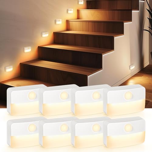 Guankai Lot de 8 lampes d'escalier avec détecteur de mouvement pour intérieur, lampes de placard à piles, lampe sans fil à coller n'importe où, lampe de couloir, lampes de nuit LED portables pour chambre à coucher, sous armoire, cuisine