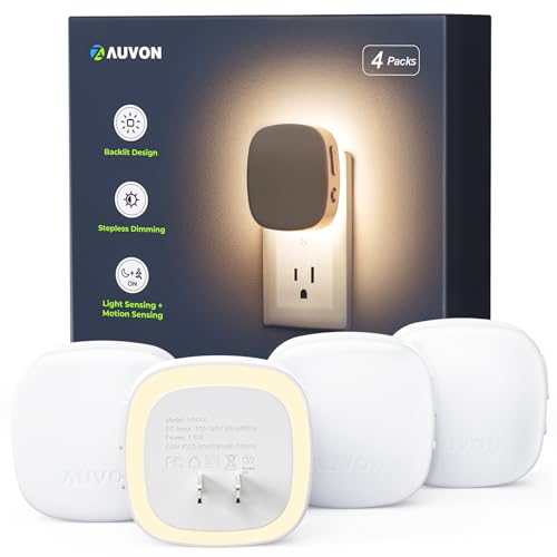 Veilleuse rétroéclairée à LED enfichable Auvon avec capteur de mouvement et amp; Capteur du crépuscule à l'aube, veilleuse blanc chaud à intensité variable avec luminosité réglable de 1 à 50 Lm pour chambre à coucher, salle de bain, escaliers, couloir (paquet de 4)