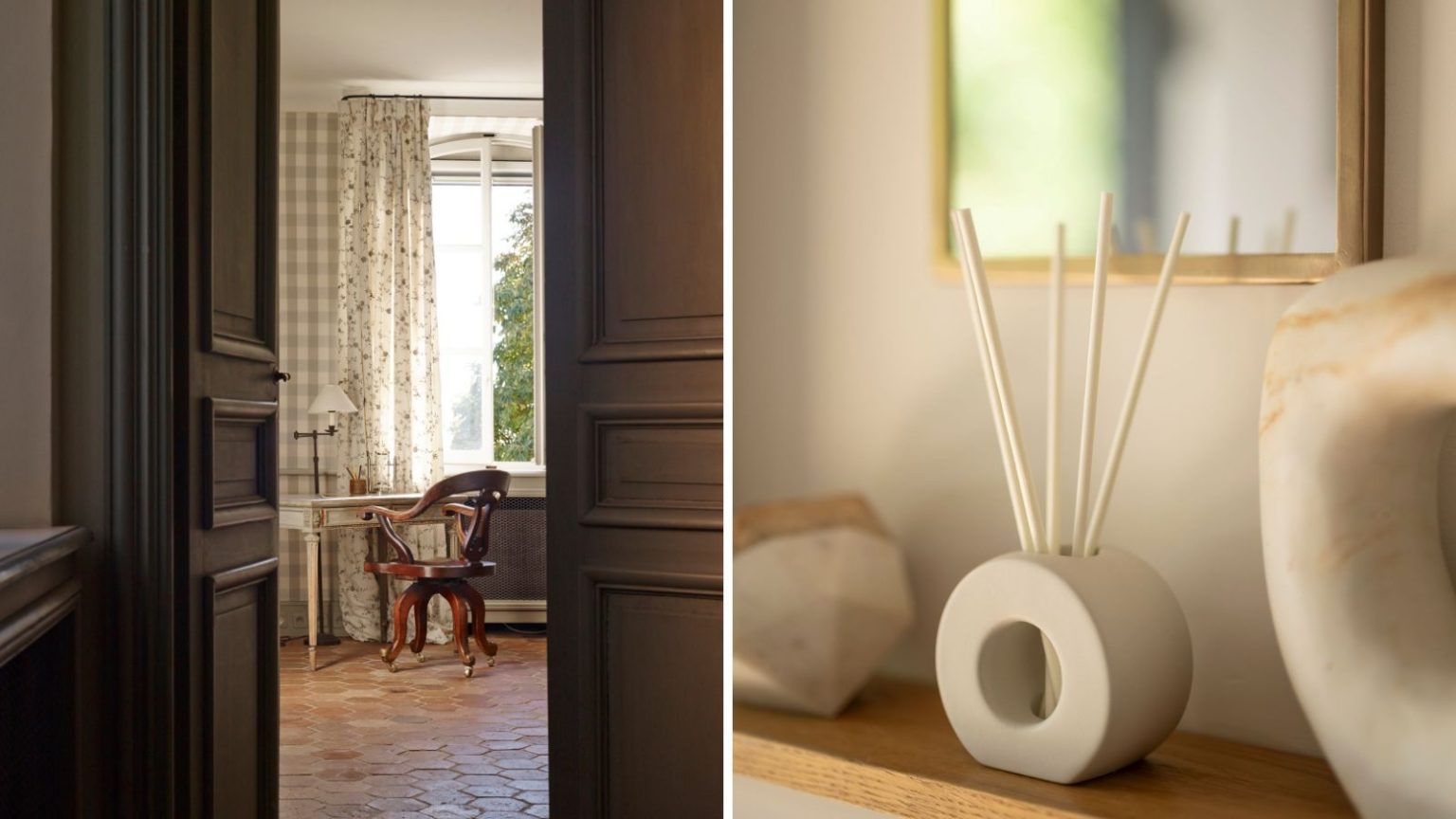Je teste des parfums de luxe, et c’est ainsi que je parfume le printemps sans perdre de chaleur à cause de la météo imprévisible A split header image of an open door through to a spacious office with open window, floral white curtains, a white desk, wooden desk chair, and tiled floor, and the ScentAir reed diffuser sitting on a shelf between vases, with a gold-framed mirror above