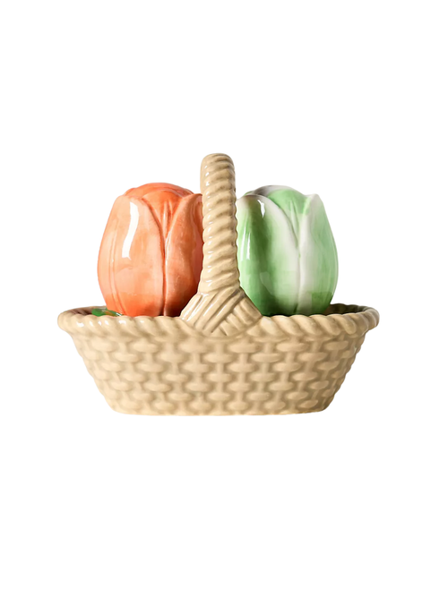 Salière et poivrière en grès Louise dans un panier