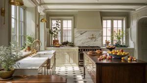 A light green kitchen with a wooden island and a marble backsplash that ends in sidesplashes