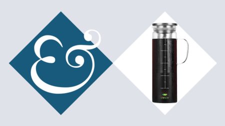 BTaT cold coffee brewer cutout on white diamond, on H&amp;G light blue background with white ampersand logo on dark blue diamond