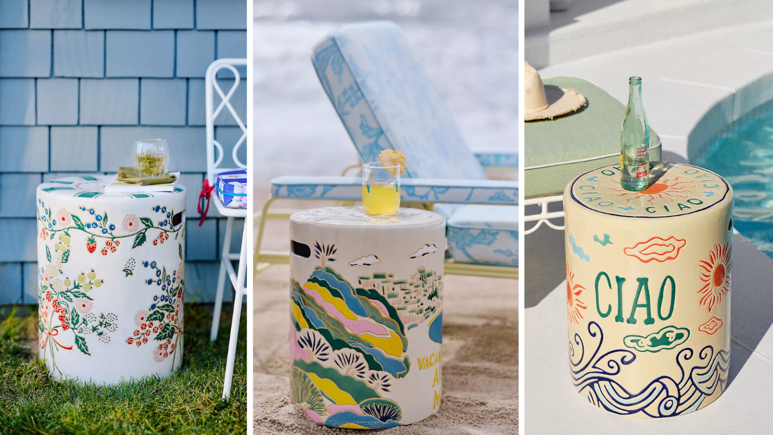 Les nouvelles tables d’appoint d’extérieur d’Anthropologie sont le secret d’un patio haut de gamme – je suis convaincu qu’elles sont les incontournables de cette saison an assortment of three images of colorful ceramic outdoor side tables with decorative drawings on its sides