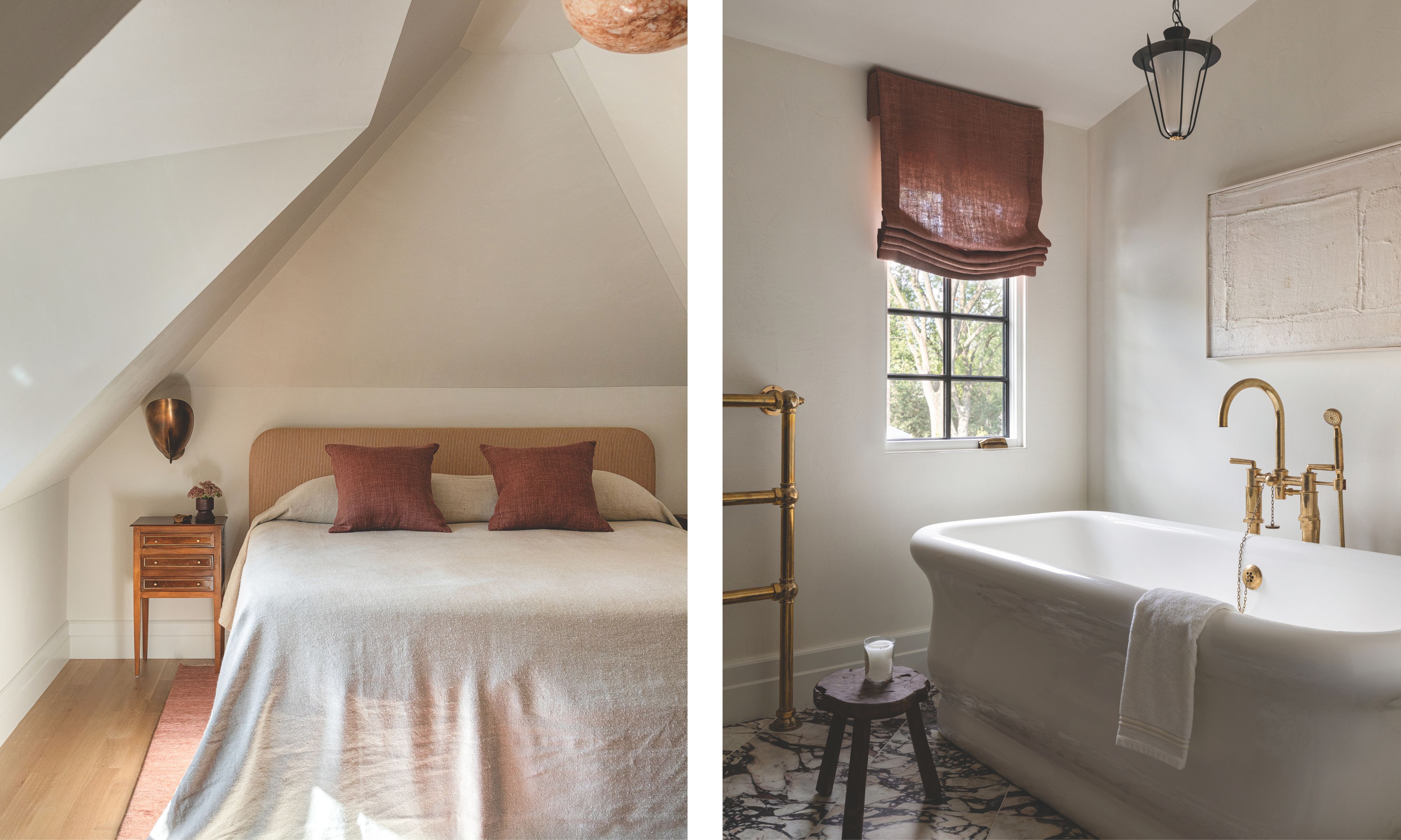 À gauche : une chambre mansardée minimaliste avec un couvre-lit neutre, des oreillers en terre cuite et un plafond incliné. À droite : une salle de bains sereine dotée d'une baignoire blanche autoportante, d'accessoires de plomberie en laiton et d'un sol en marbre foncé.