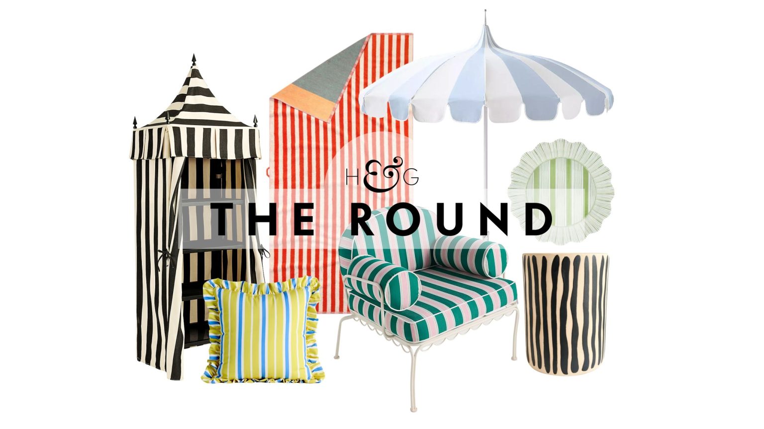 24 pièces d’extérieur à rayures qui apportent un style club de plage sans effort à la maison Striped outdoor decor – including a towel cabana, ruffle-border throw pillow, beach towel, scallop-edged iron chair, pagoda umbrella, irregular side table, and petal-shaped dinner plate –pictured against a white background