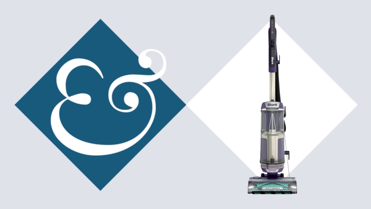 La poubelle de l’aspirateur est trop petite pour votre maison ? La grande capacité, la large tête de sol et l’aspiration puissante de ce requin le rendent idéal pour les grands espaces Shark POWERDETECT Upright Vacuum on tile background next to Homes & Gardens '&' logo.