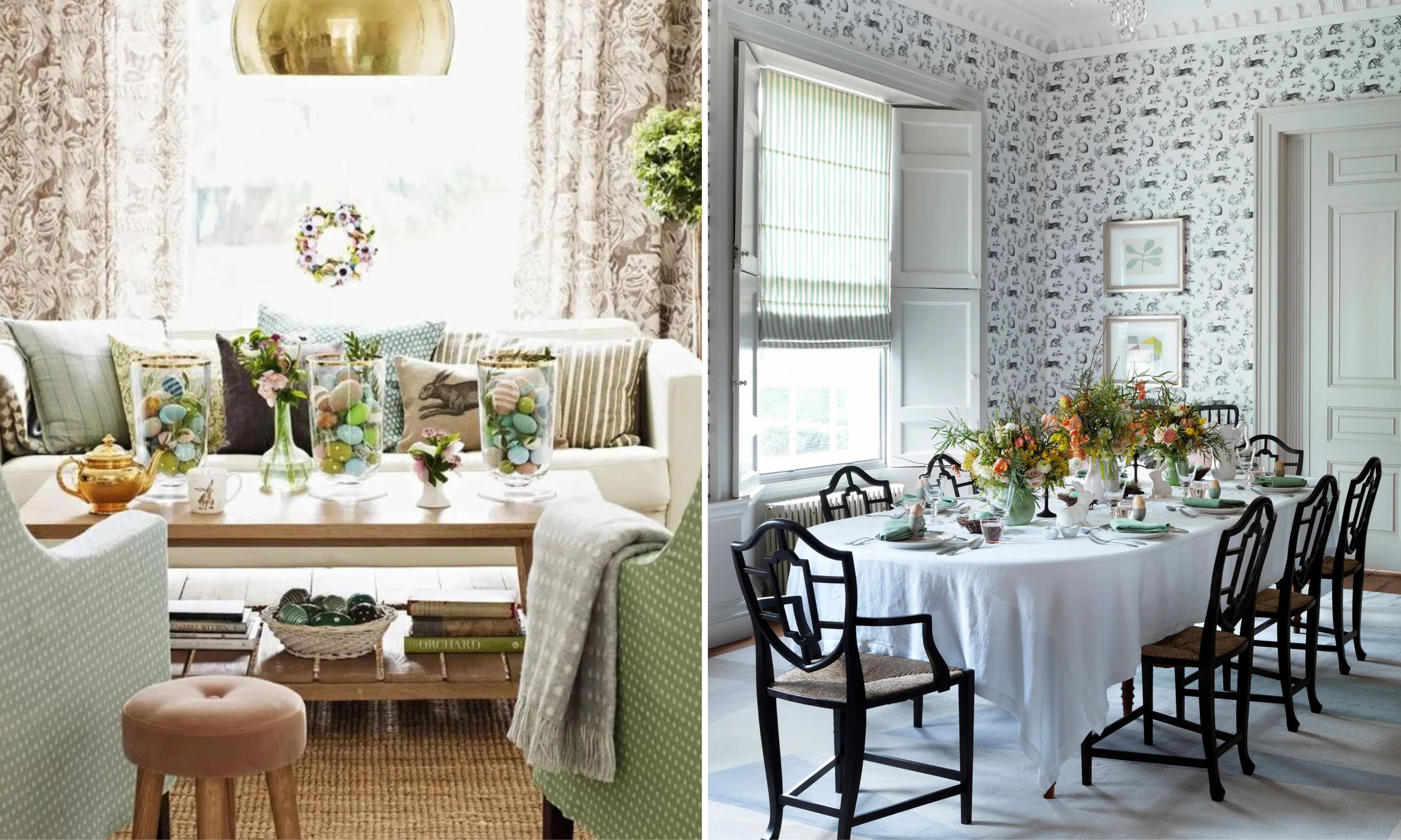 Deux photos de design d'intérieur côte à côte présentent une décoration sophistiquée sur le thème de Pâques, mettant l'accent sur les motifs traditionnels et les accents pastel. L'image de gauche présente un salon confortable où une table basse en bois contient trois grands pots en verre remplis d'œufs de Pâques colorés, entourés d'arrangements floraux et d'une théière dorée sur fond de coussins à motifs et de rideaux à imprimé animalier. L'image de droite montre une salle à manger formelle avec du papier peint en toile à motif de lapin, une longue table élégamment dressée avec des draps blancs et des centres de table fleuris orange, et des chaises classiques noires de style chinoiserie, créant une atmosphère printanière cohérente et festive.