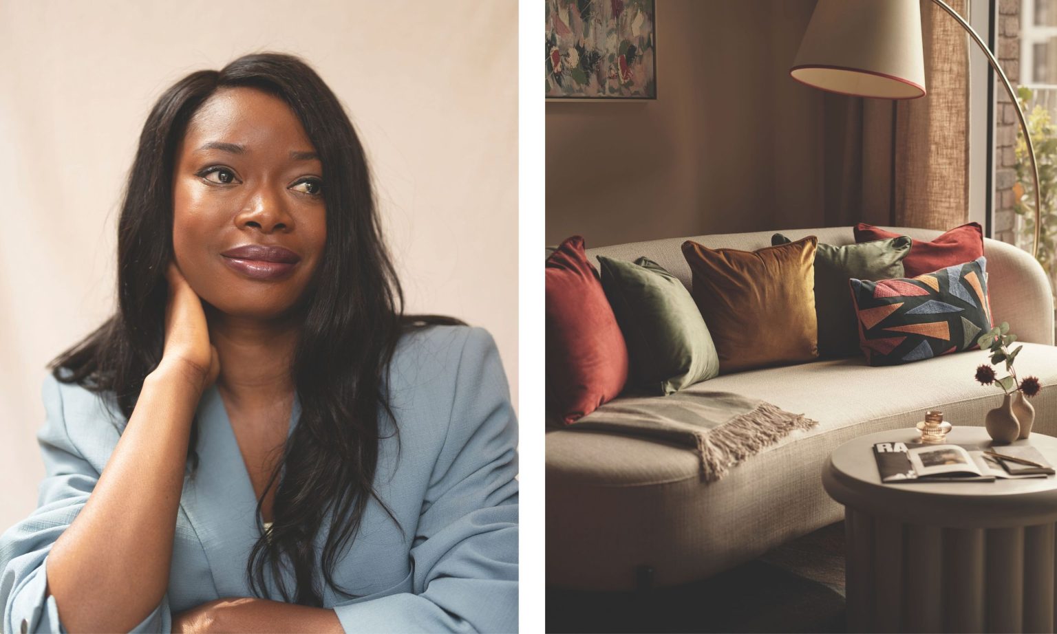 Rencontrez nos prochains gagnants en design : Tola Ojuolape Studio A side-by-side composition featuring designer Tola Ojuolape in a light blue blazer on the left, and a curated living room scene on the right. The interior displays her signature use of rich textures, including a curved sofa, colorful velvet pillows, and organic-shaped decor.