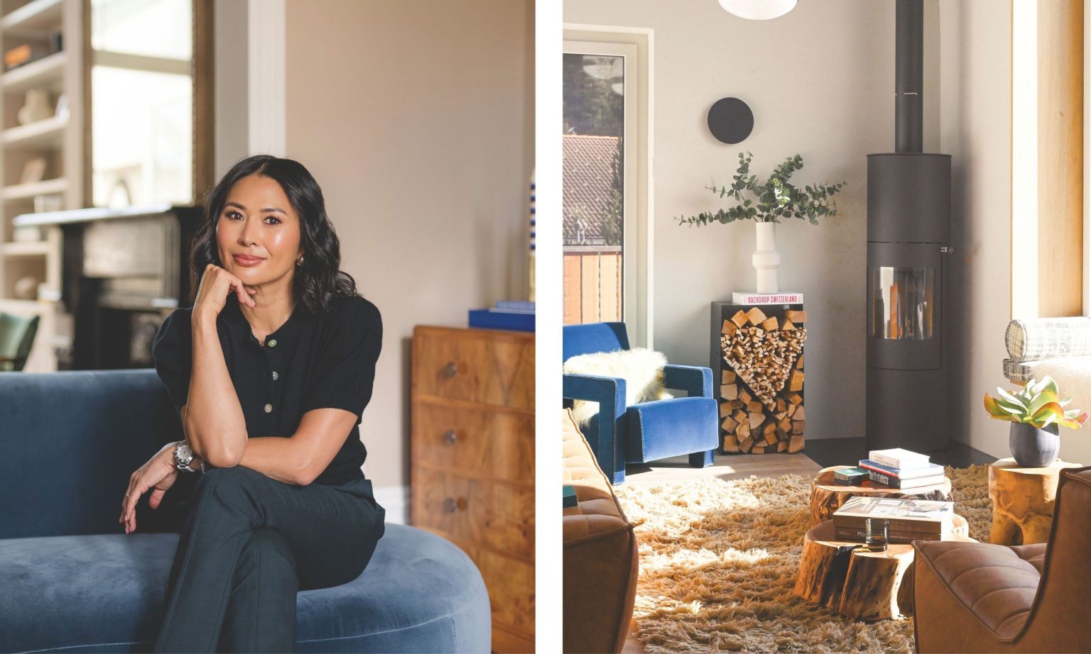 Rencontrez nos prochains gagnants en design : Susan Chesney Interiors A side-by-side composition featuring designer Susan Chesney sitting on a blue velvet sofa, next to a sunlit living room with a modern fireplace and rustic wood accents