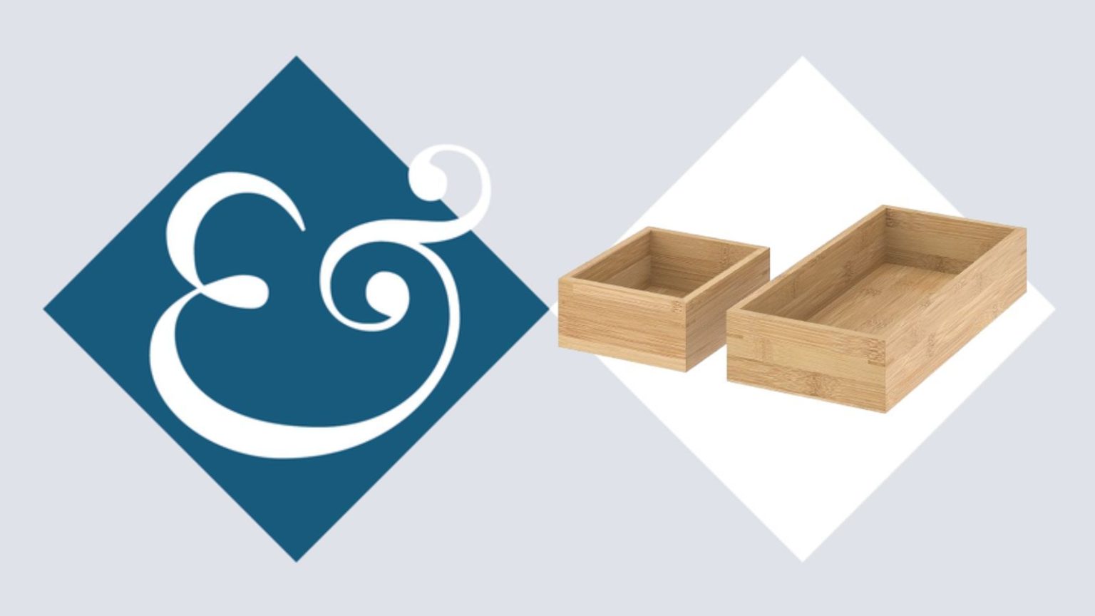 Ces chics plateaux en bambou IKEA à 13 $ sont la solution instantanée pour chaque étagère en désordre de ma maison – j’achète cinq paquets Two of IKEA's bamboo organizing trays on a light blue H&G background, framed in a white diamond to the right, with the magazine's ampersand logo on a dark blue diamond to the left