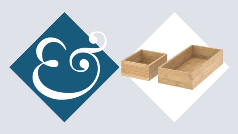 Two of IKEA's bamboo organizing trays on a light blue H&amp;G background, framed in a white diamond to the right, with the magazine's ampersand logo on a dark blue diamond to the left