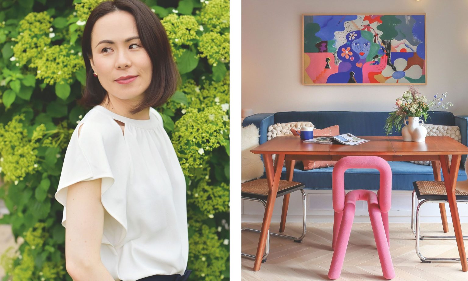 Rencontrez nos prochains gagnants en design : Studio Kaimi A side-by-side image featuring a portrait of Minako Bryson on the left and a vibrant, eclectic dining area showcasing her interior design style on the right